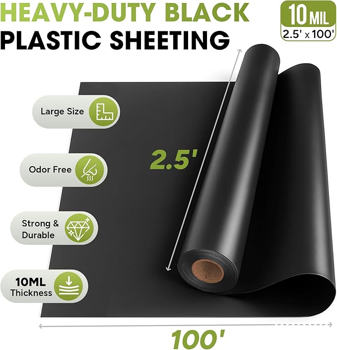 10 Mil Black Plastic Sheeting 2.5x100 FT – UV Protection Poly Sheeting - Image 7