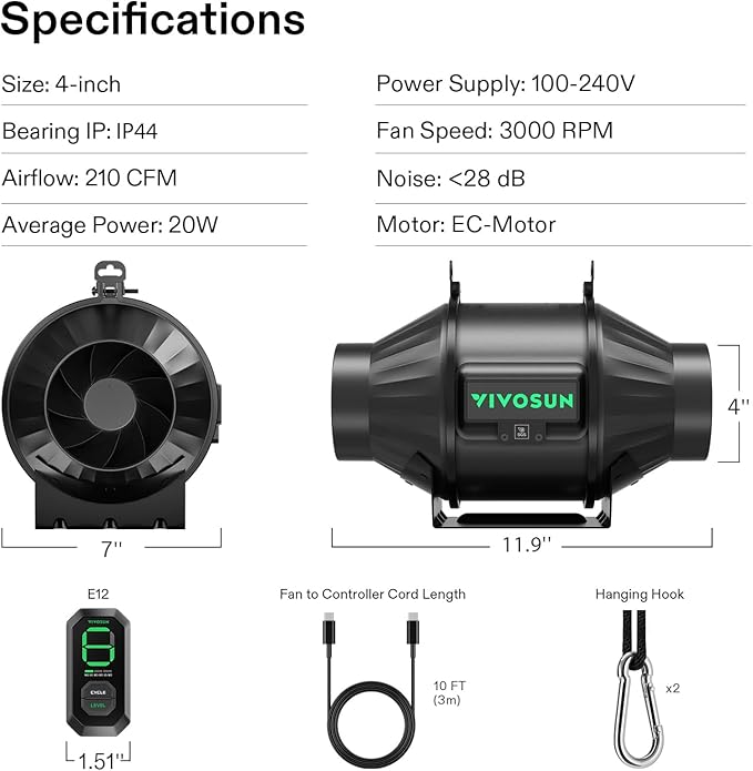 VIVOSUN T4 4" Inline Fan &Speed Controller, AeroZesh Ventilation Fan - Image 9
