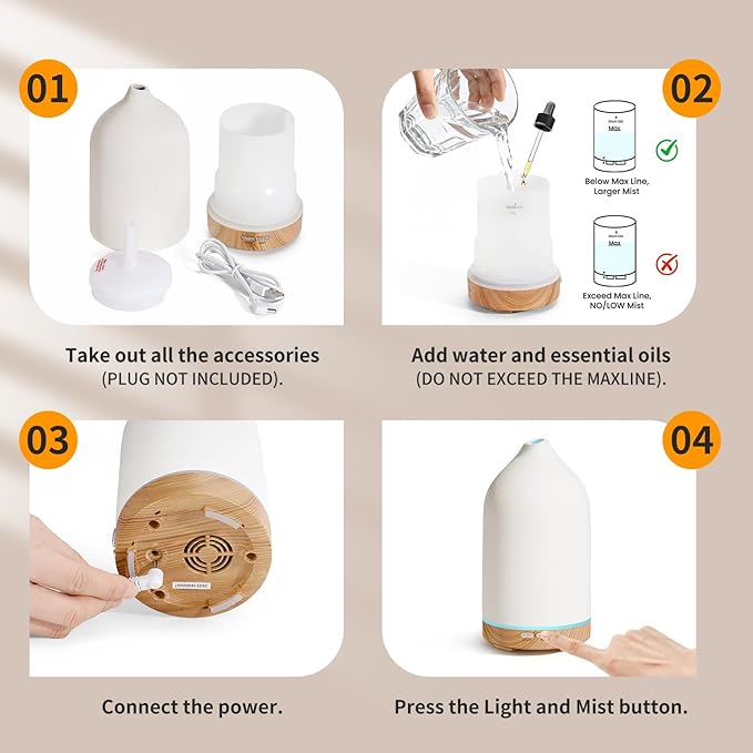 URPOWER 120ML Ceramic Essential Oil Diffuser Ultrasonic Aromatherapy Diffuser - Image 7
