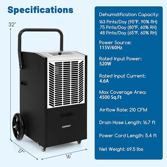 COSTWAY 163 Pints Commercial Dehumidifier, 4500 Sq.Ft Crawl Space Dehumidifier - Image 7