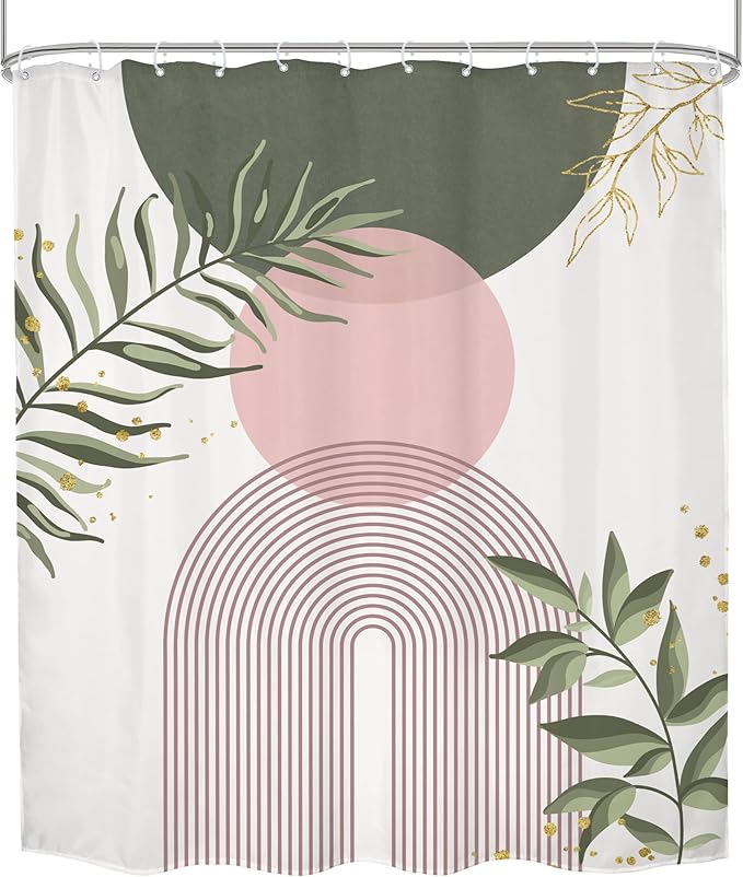 Pink Sage Green Boho Shower Curtain 60Wx72H Mid Century Modern Abstract Gold - Image 8