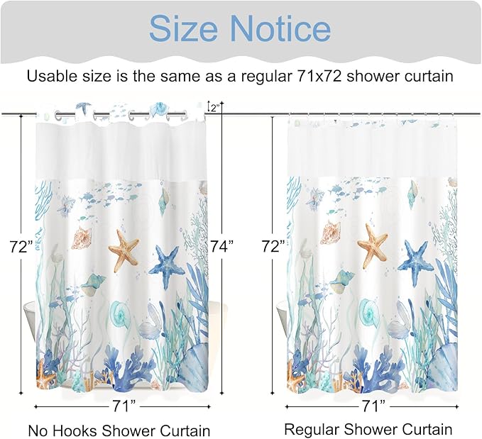 No Hook Shower Curtain with Snap in Liner, Beach Ocean Nautical Coastal Shower - Image 7
