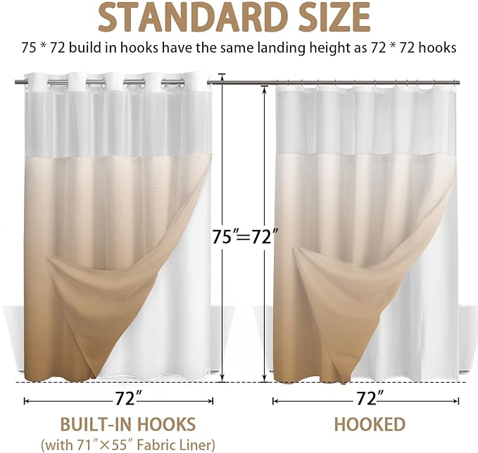 No Hook Shower Curtain and Liner Set, Ombre Beige Hotel Waffle Shower Curtain - Image 6