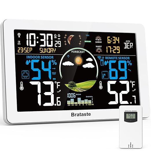 Weather Station Wireless Indoor Outdoor, Digital Thermometer, 7.5'' VA Display by Brataste