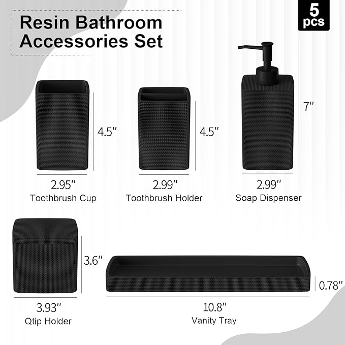 Matte Black Bathroom Accessories Set 5 Pieces, Resin Toothbrush Holders Set - Image 7