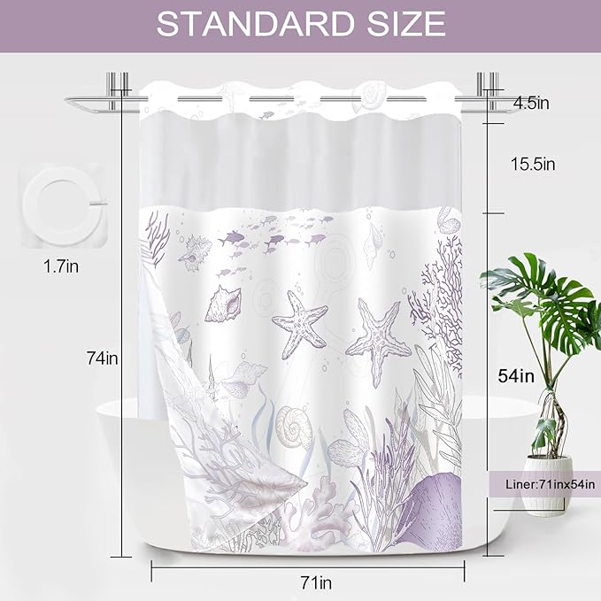 No Hook Shower Curtain with Snap in Liner, Beach Ocean Nautical Coastal Shower - Image 7