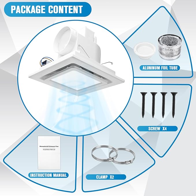 Bathroom Exhaust Fan with Light, Ceiling Mount Square Quiet Bathroom Vent Fan - Image 7