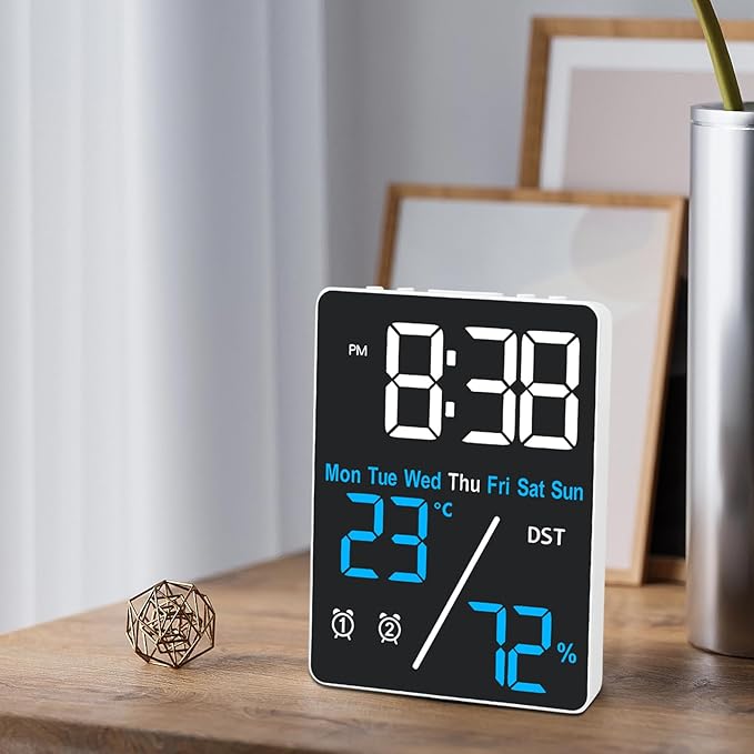 Digital Room Thermometer Hygrometer Alarm Clock, 5.9 inch Desktop Accurate - Image 7
