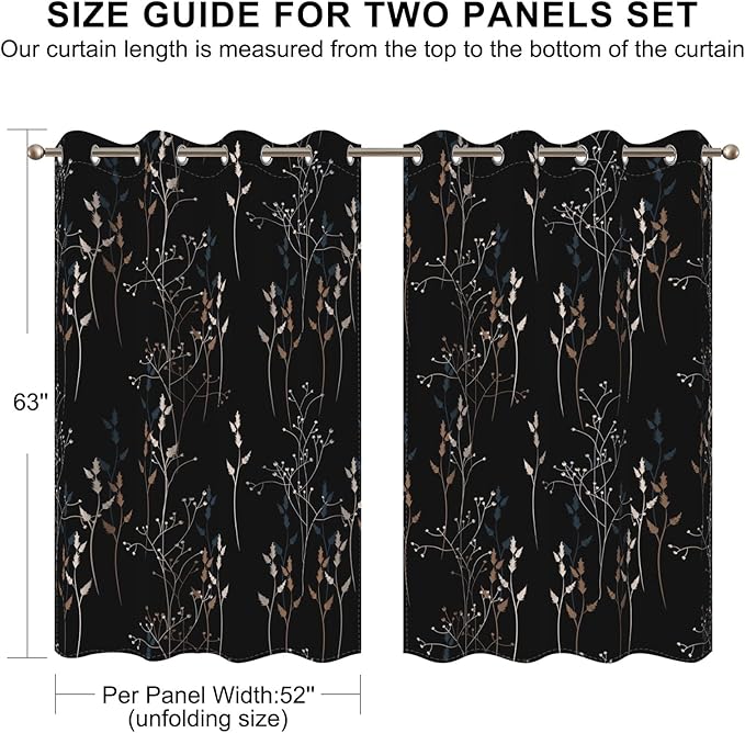 Black Leaves Blackout Curtains 63 Inch Length, Room Darkening Curtains - Image 8