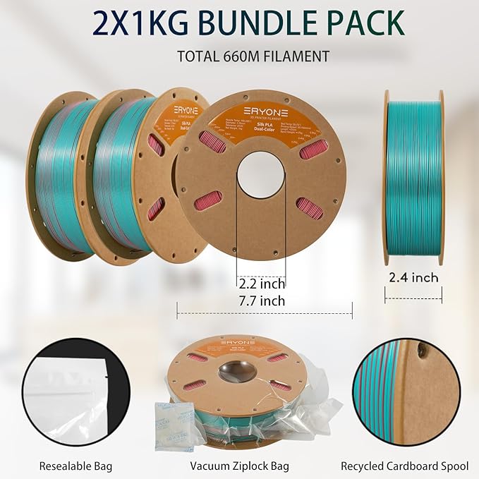 ERYONE Silk Dual Color PLA Filament 3D Printer 1.75mm +/- 0.03mm, Bicolor - Image 6