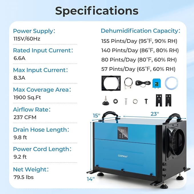 COSTWAY 155 PPD Commercial Dehumidifier, 1900 Sq.Ft Crawl Space Dehumidifier - Image 8