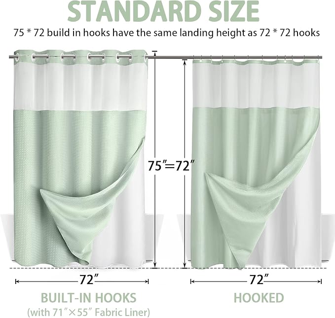 No Hook Shower Curtain and Liner Set, Mint Green Hotel Waffle Shower Curtain - Image 6