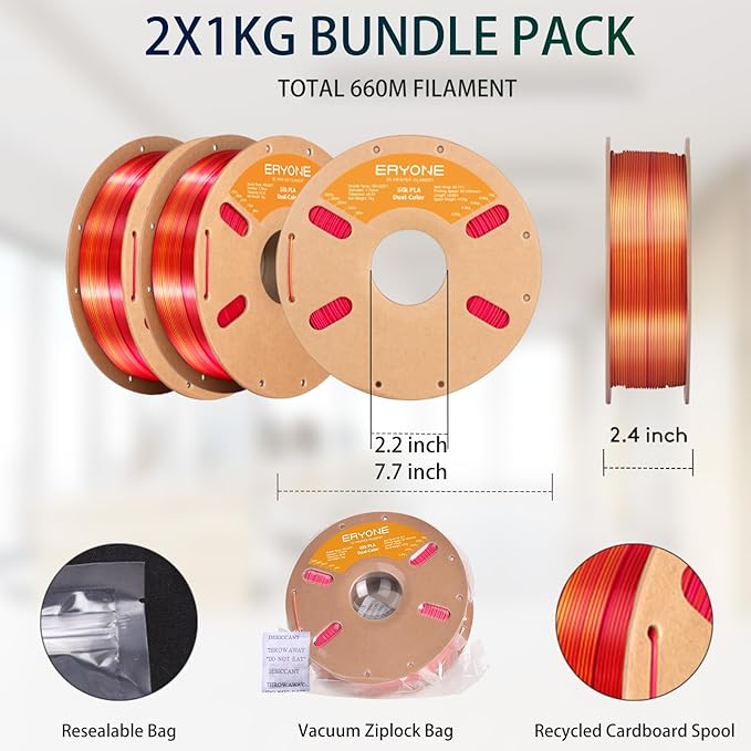 ERYONE Silk Dual Color PLA Filament 3D Printer 1.75mm +/- 0.03mm, Bicolor - Image 6