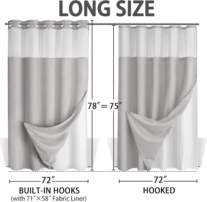 No Hook Shower Curtain and Liner Set, Light Grey Hotel Waffle Shower Curtain - Image 6
