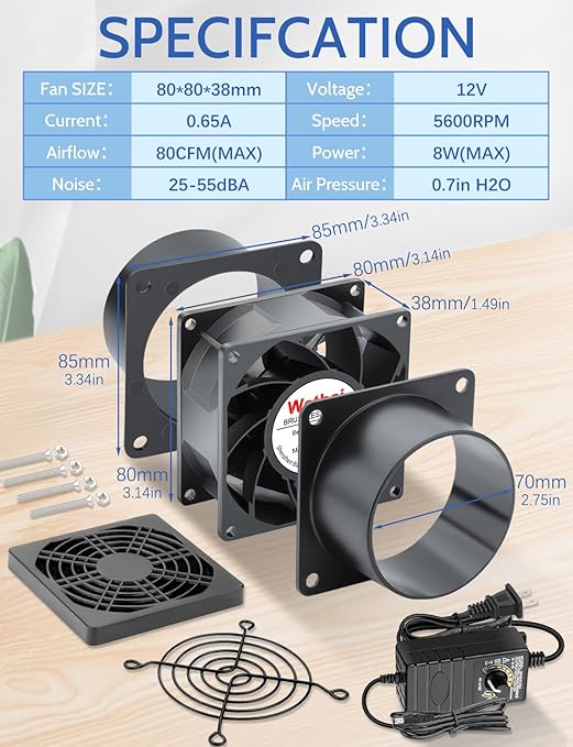 Wathai 80mm Small 12V DC Axial Exhaust Fan - Image 7