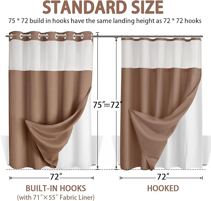 No Hook Shower Curtain and Liner Set, Mocha Brown Hotel Waffle Shower Curtain - Image 6