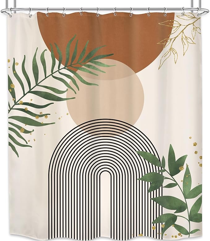 Brown Boho Mid Century Shower Curtain 60Wx72H Abstract Gold Leaves Plant Modern - Image 6