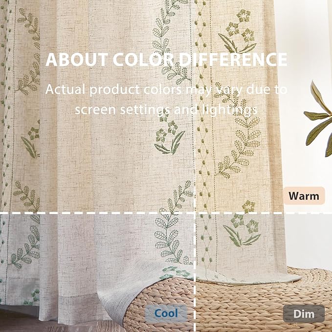 jinchan Belrose Linen Curtains for Bedroom Floral Curtains 63 Inch Length Sage - Image 5