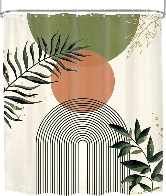 Green Boho Shower Curtain 60Wx72H Abstract Bohemian Modern Leaves Mid Century - Image 8