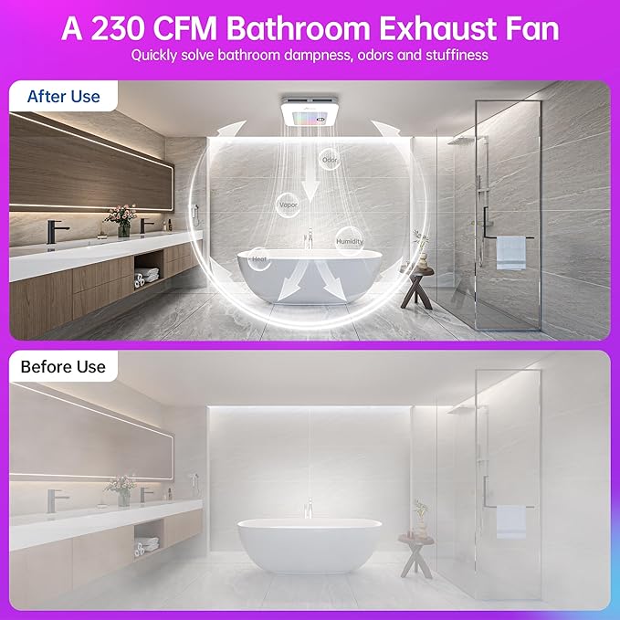 Bathroom Exhaust Fan with Bluetooth Speaker, 230 CFM 1.0 Sone Bathroom Exhaust - Image 9
