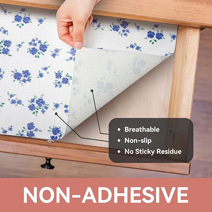 RAY STAR Shelf Liner, 20 Inch x 72 Inch Non Adhesive Blue Floral Kitchen - Image 8