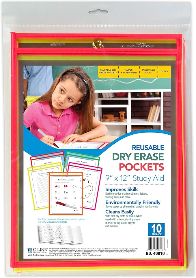C-Line Reusable Dry Erase Pockets, 9 x 12 Inches, 10 Pockets per Pack - Image 3