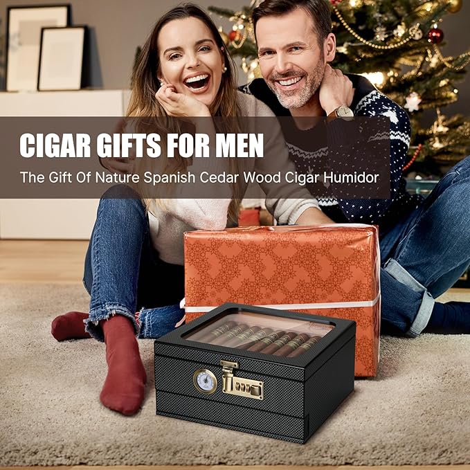 Cigar Humidor, Cedar Wood Humidor Cigar Box, Glass Top Desktop Humidor - Image 8