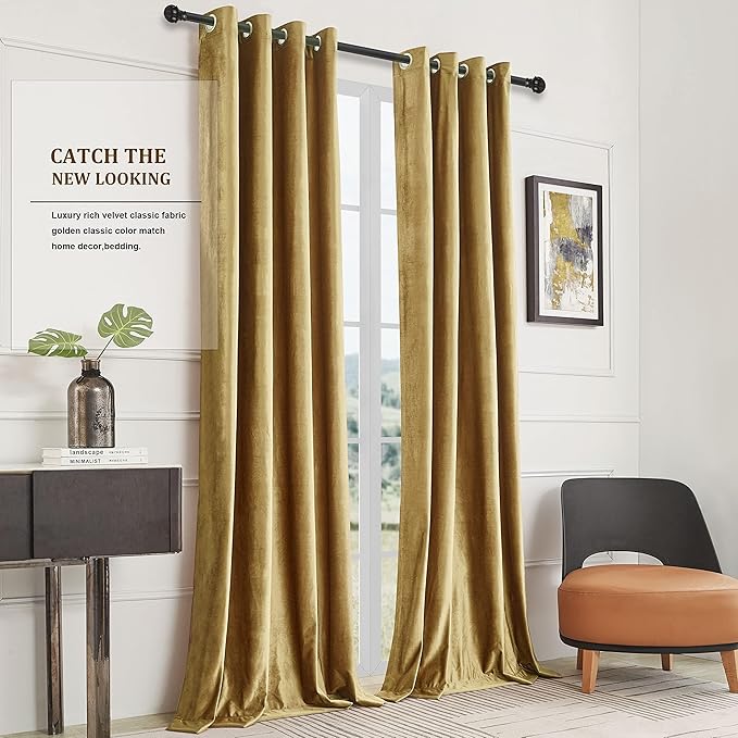 BULBUL Velvet Gold Curtains 102 inch Length- Living Room Blackout Thermal - Image 9