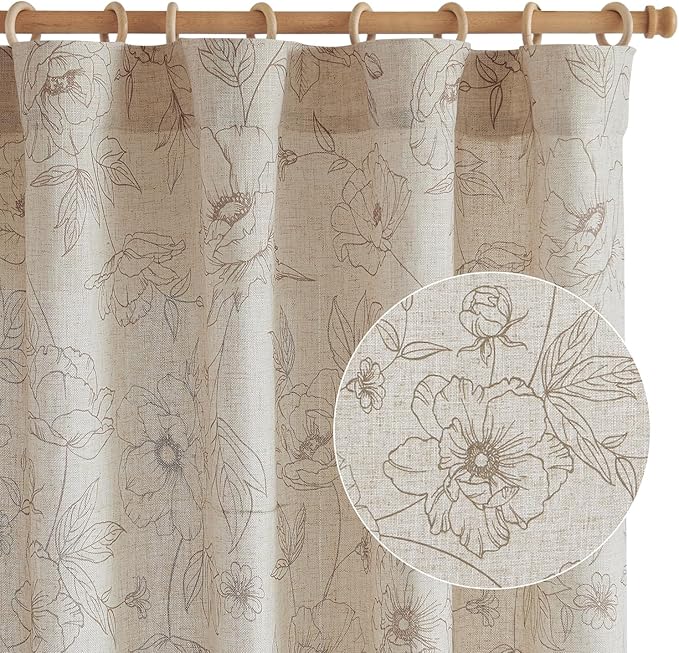 jinchan Floral Linen Curtains for Living Room 96 Inch Length Taupe Flower - Image 8
