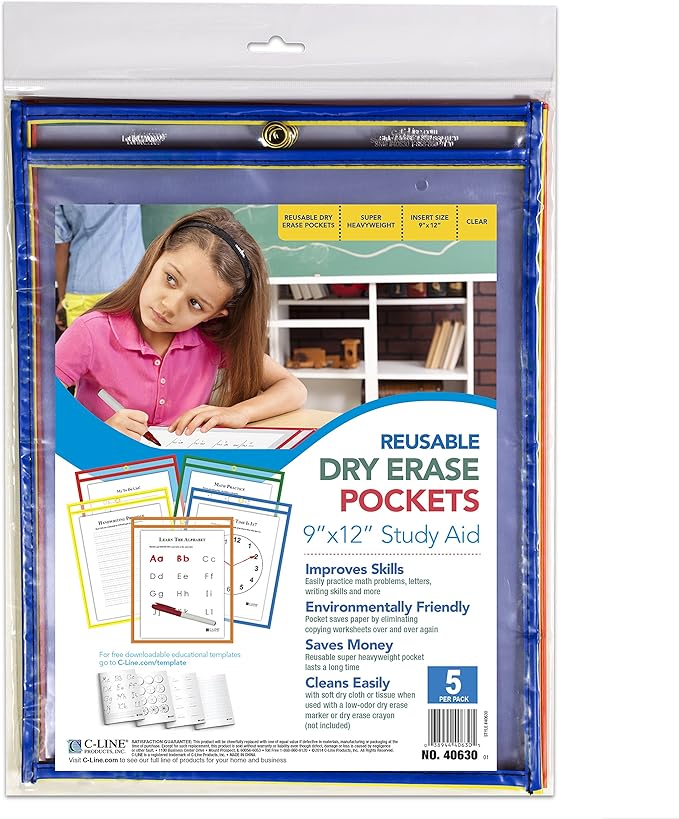 C-Line Reusable Dry Erase Pockets, 9 x 12 Inches, 5 Pockets per Pack - Image 2