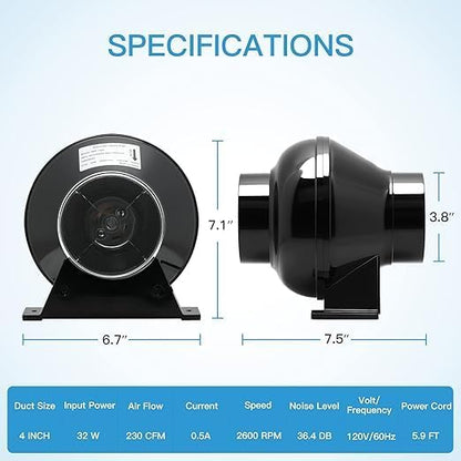iPower 4 Inch 195 CFM Inline Duct Ventilation Fan Quiet Exhaust Vent Blower - Image 2