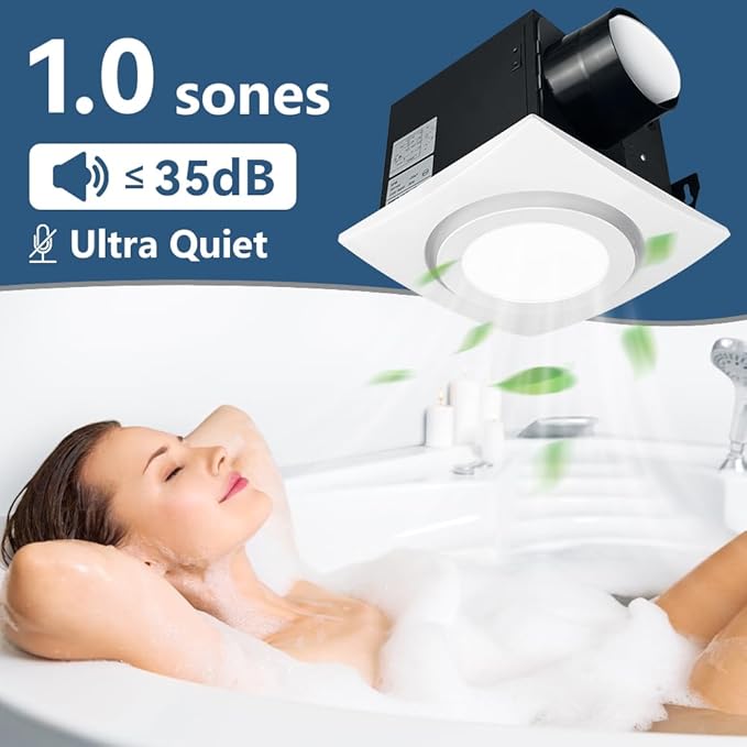 Bathroom Exhaust Fan with Light 88CFM 1.0 Sone, Quiet 28W Bath Shower Fan 3CCT - Image 6