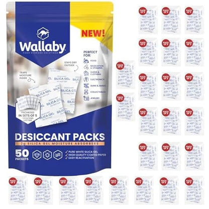 Wallaby 2 gram Food Safe Pure White Silica Gel Desiccant Dehumidifier Packs by WallabyGoods
