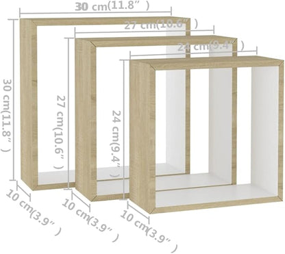 vidaXL 3 pcs Wall Cube Shelves in White and Sonoma Oak - Image 10