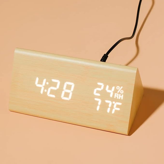 OCT17 Wooden Alarm Clock, Wood Alarm Clock Smart LED Digital Clock - Image 2