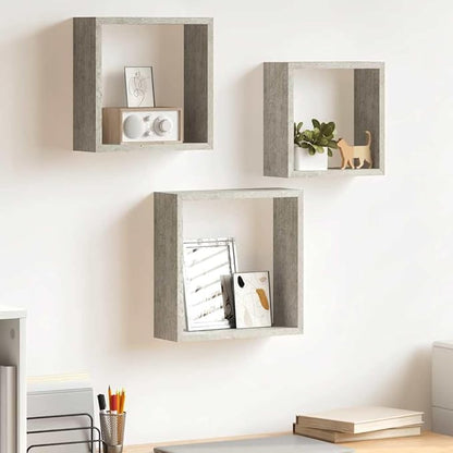 vidaXL Set of 3 Modern Wall Cube Shelves in Concrete Gray Floating Storage - Image 2