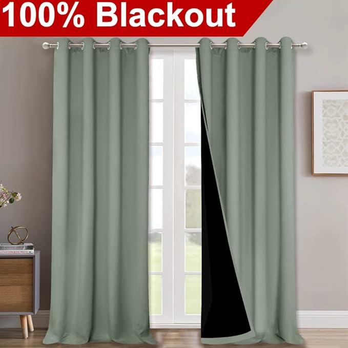 NICETOWN Greyish Green 100% Blackout Windows Curtains, Super Heavy-Duty Black - Image 2