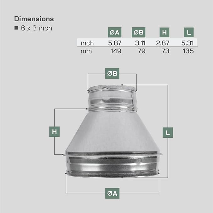 Vent Systems 6" Inch to 3" Inch Duct Reducer Adapter Connector Fitting Pipe - Image 2