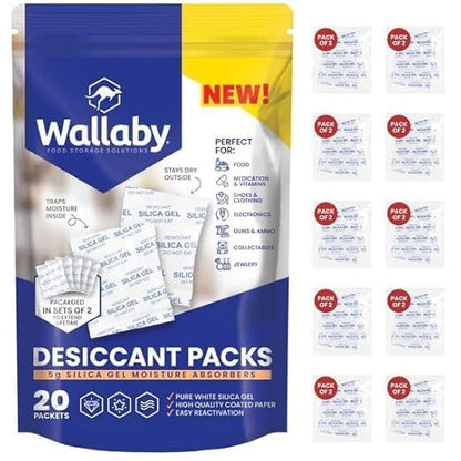 Wallaby 5 gram Food Safe Pure White Silica Gel Desiccant Dehumidifier Packs by WallabyGoods