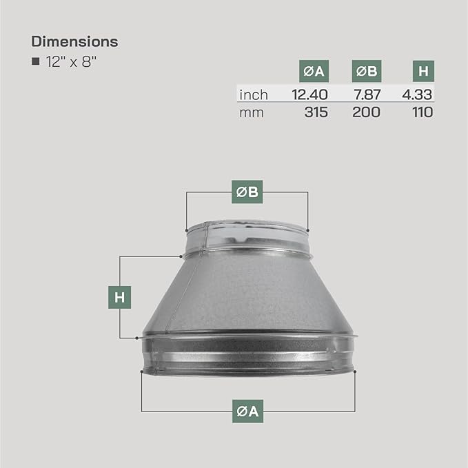 Vent Systems 12" Inch to 8" Inch Duct Reducer Adapter Connector Fitting Pipe - Image 2