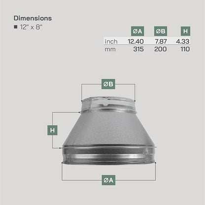 Vent Systems 12" Inch to 8" Inch Duct Reducer Adapter Connector Fitting Pipe - Image 2