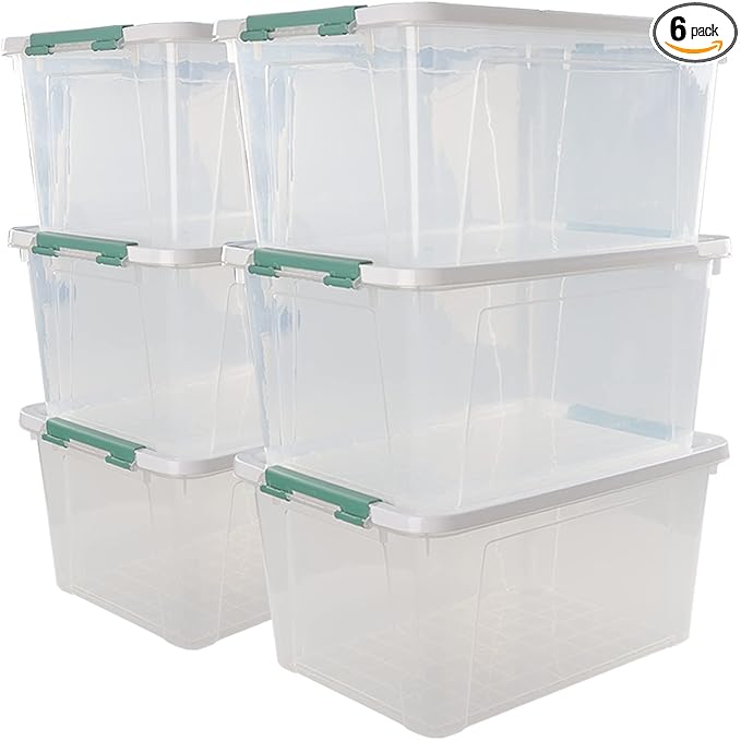 6-Pack Clear Plastic Storage Boxes, 35 L Plastic Storage Bins by Xowine