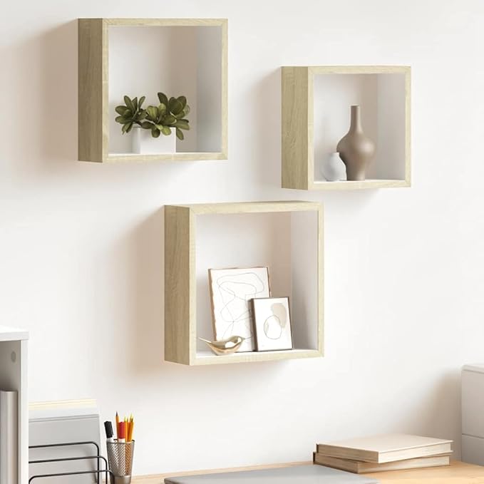 vidaXL 3 pcs Wall Cube Shelves in White and Sonoma Oak - Image 2