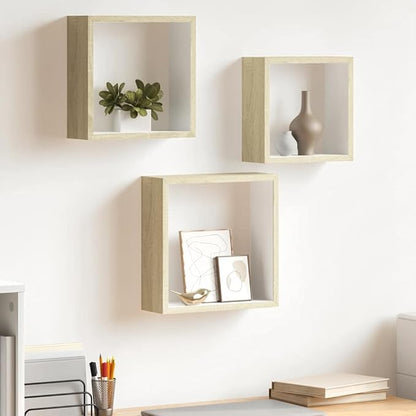 vidaXL 3 pcs Wall Cube Shelves in White and Sonoma Oak - Image 2