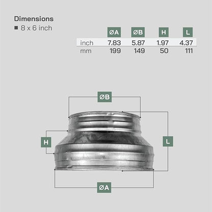 Vent Systems 8" Inch to 6" Inch Duct Reducer – Galvanized Steel HVAC Pipe - Image 2