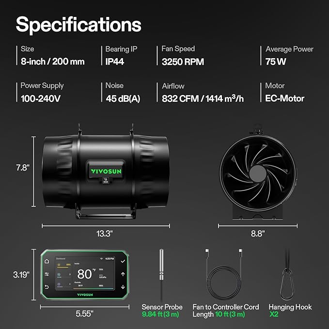 VIVOSUN T8 8" Inline Duct Fan & Temperature Humidity Controller, E42A+ WiFi-App - Image 9
