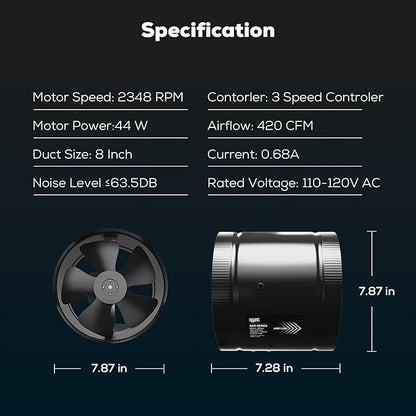 8 Inch Inline Duct Fan with Speed Controller - Image 7