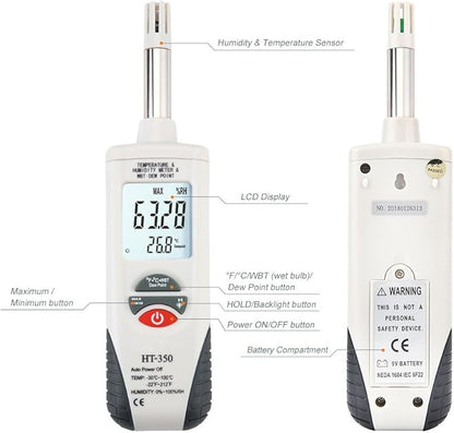 Hygro-Thermometer Psychrometer, Handheld Digital Humidity Temperature Meter - Image 6