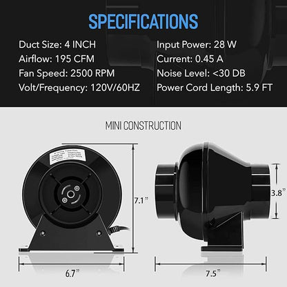 iPower 4 Inch 195 CFM Inline Fan Ventilation Exhaust Blower, Air Carbon Filter - Image 5