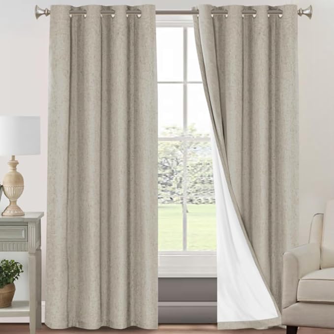 PrinceDeco Linen Texture Curtains Soild 100% Blackout Thermal Insulated by PrinceDeco